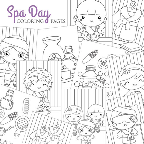 Fun Girl Kids Doing Spa Day Treatment Massage on Holiday Activity for Beautiful Cartoon Coloring Activity for Kids and Adult cover image.