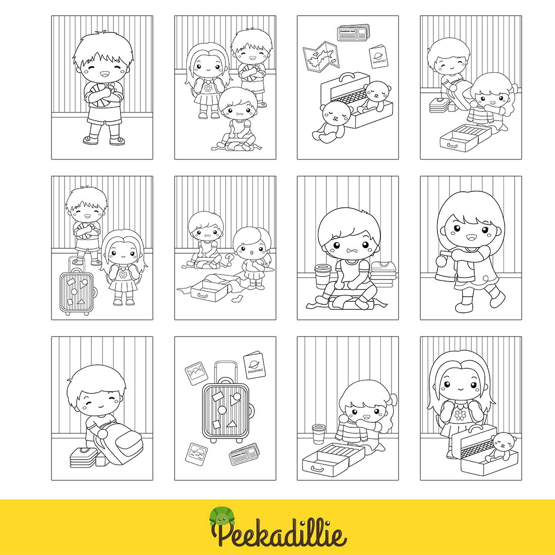 Kids Doing Packing for Holiday Vacation Trip Journey with Happy Day Cartoon Coloring Activity for Kids and Adult preview image.