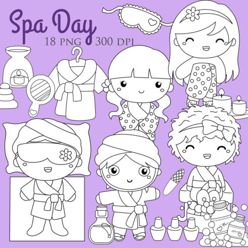 Cute Kids Girl Doing Happy Spa Day Treatment Massage on Holiday Activity Cartoon Digital Stamp Outline Black and White cover image.