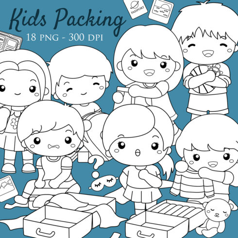 Cute and Happy Kids Prepare Packing for Holiday Vacation Trip Journey Cartoon Digital Stamp Outline cover image.