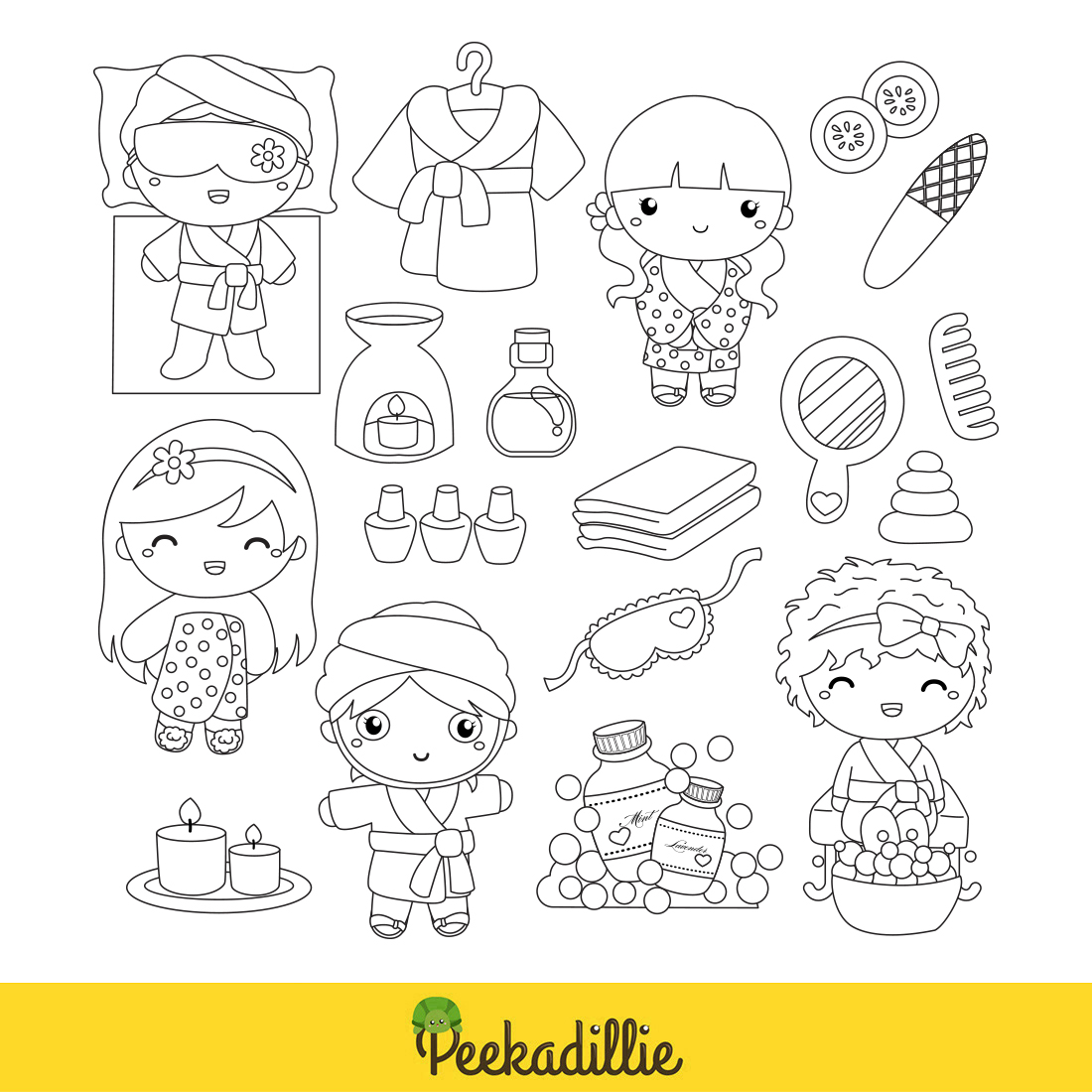 Cute Kids Girl Doing Happy Spa Day Treatment Massage on Holiday Activity Cartoon Digital Stamp Outline Black and White preview image.