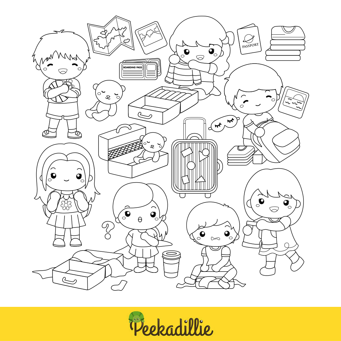 Cute and Happy Kids Prepare Packing for Holiday Vacation Trip Journey Cartoon Digital Stamp Outline preview image.