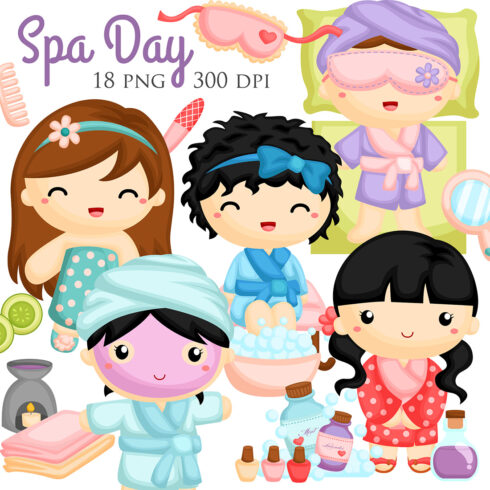 Happy Cute Beautiful Girl Kids Doing Spa Day Treatment Massage on Holiday Activity Cartoon Illustration Vector Clipart Sticker Background Decoration cover image.