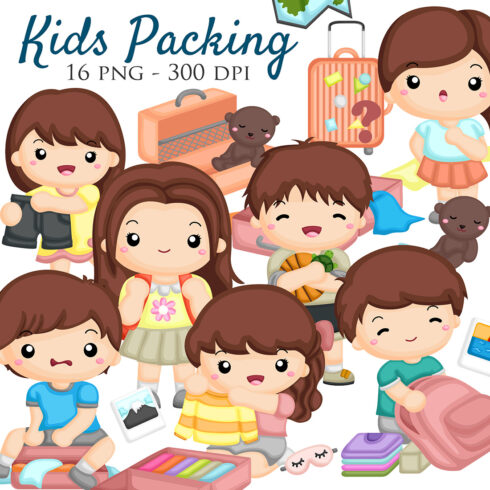Happy Kids Prepare Packing for Holiday Vacation Trip Journey Cartoon Illustration Vector Sticker Clipart Cartoon Background Decoration cover image.