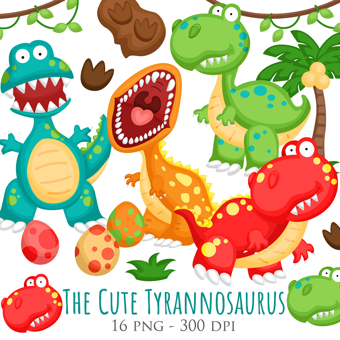 Colorful Cute and Funny Animal Dinosaur Tryannosaurus Trex Ancient Cartoon Illustration Vector Clipart Sticker Background Decoration cover image.