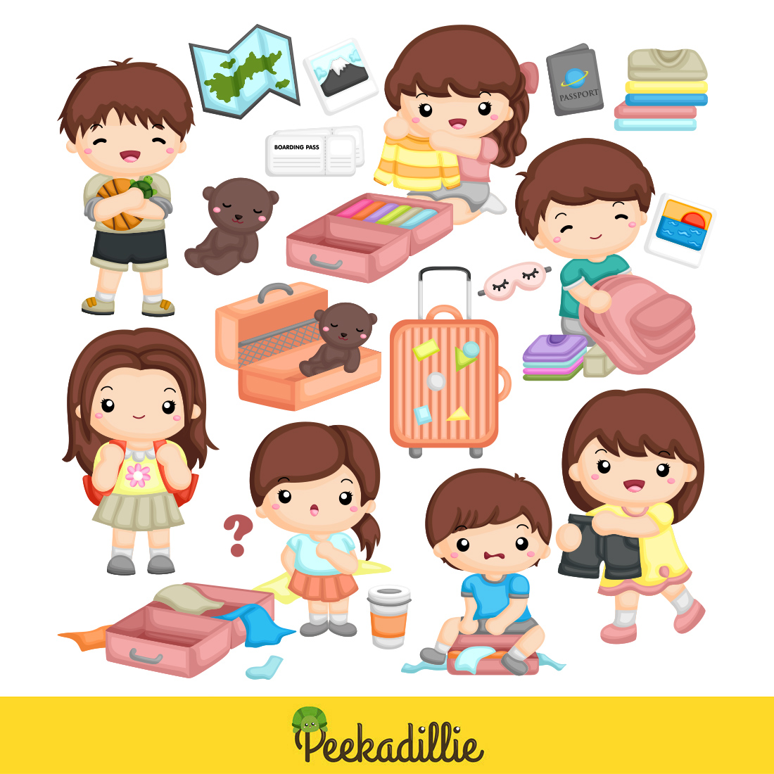 Happy Kids Prepare Packing for Holiday Vacation Trip Journey Cartoon Illustration Vector Sticker Clipart Cartoon Background Decoration preview image.