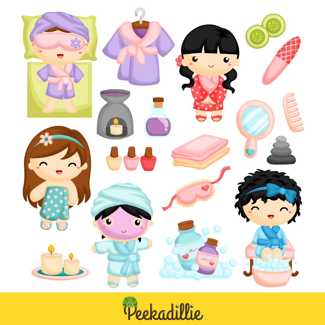 Happy Cute Beautiful Girl Kids Doing Spa Day Treatment Massage on Holiday Activity Cartoon Illustration Vector Clipart Sticker Background Decoration preview image.
