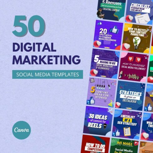50 Digital Marketing Canva Templates For Social Media cover image.