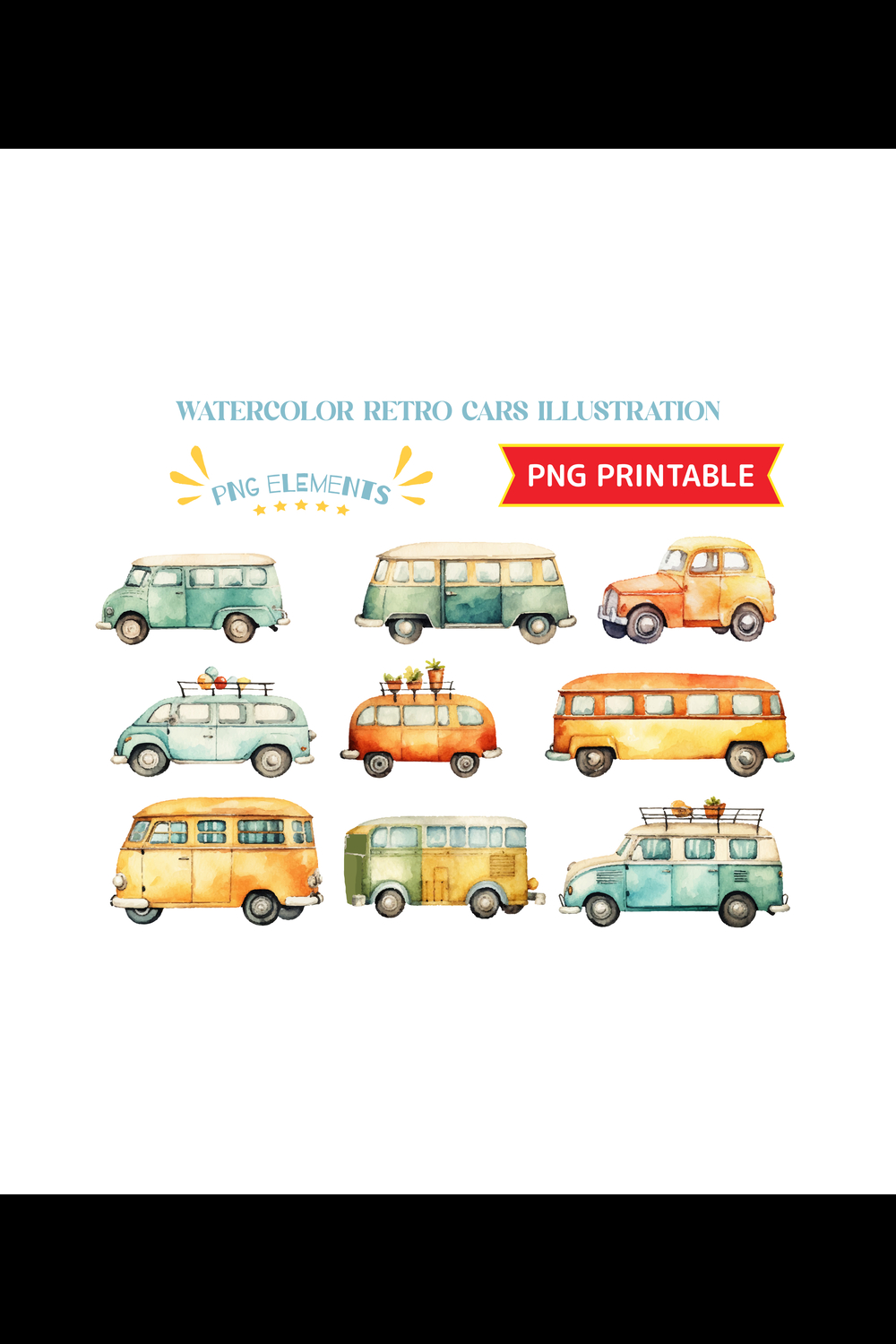 Watercolor vintage hand drawn retro cars illustration pinterest preview image.