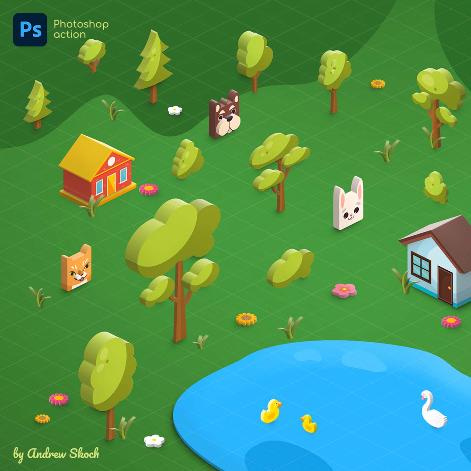 Isometric illustration Photoshop action preview image.