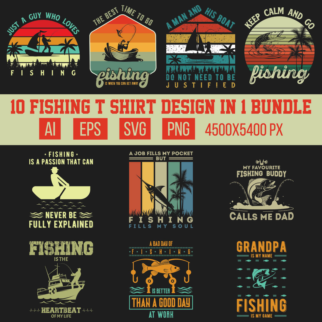 Fishing t shirt designs bundle cover image.