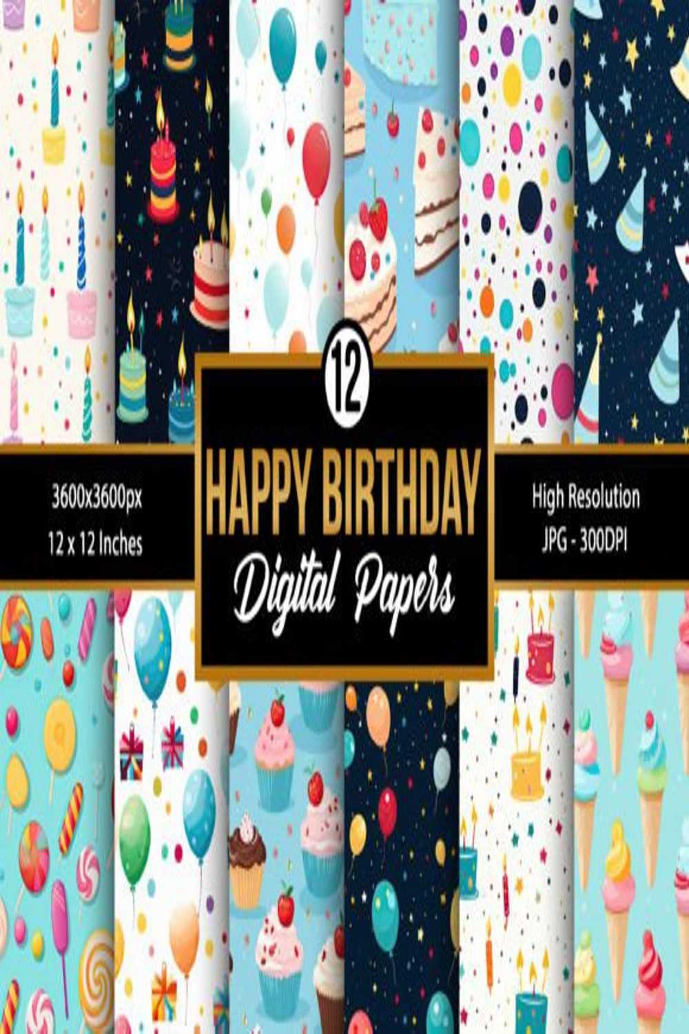 Happy Birthday Seamless Pattern Digital Papers pinterest preview image.