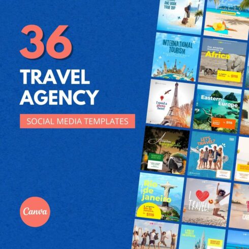 36 Premium Travel Agency Canva Templates For Social Media cover image.