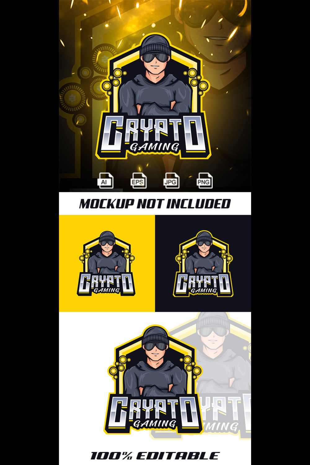 Crypto Guy Mascot Logo Template pinterest preview image.