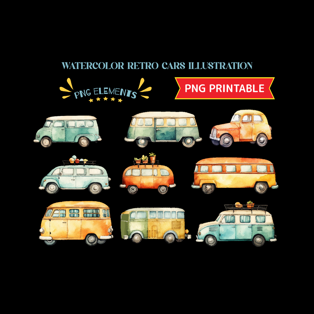 Watercolor vintage hand drawn retro cars illustration preview image.