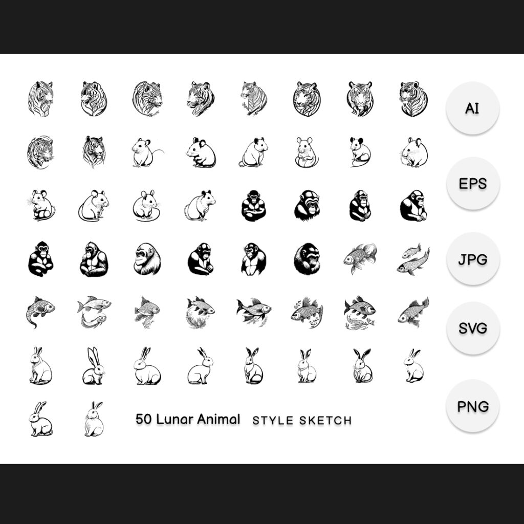 Lunar Animal Element Draw Black MasterBundles