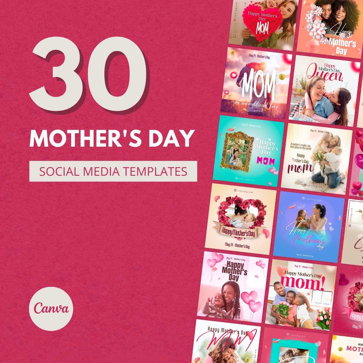 30 Premium Mother's Day Canva Templates For Social Media cover image.