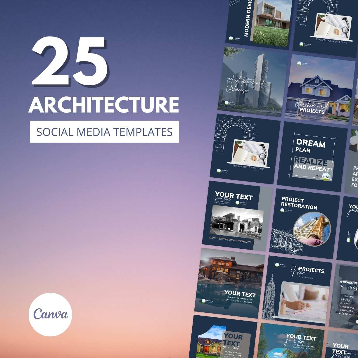 25 Architecture Social Media Templates Fully Editable In Canva cover image.