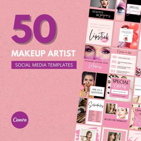 50 Premium Makeup Artist Canva Templates For Social Media cover image.