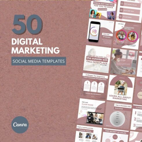 50 Premium Digital Marketing Canva Templates For Social Media cover image.