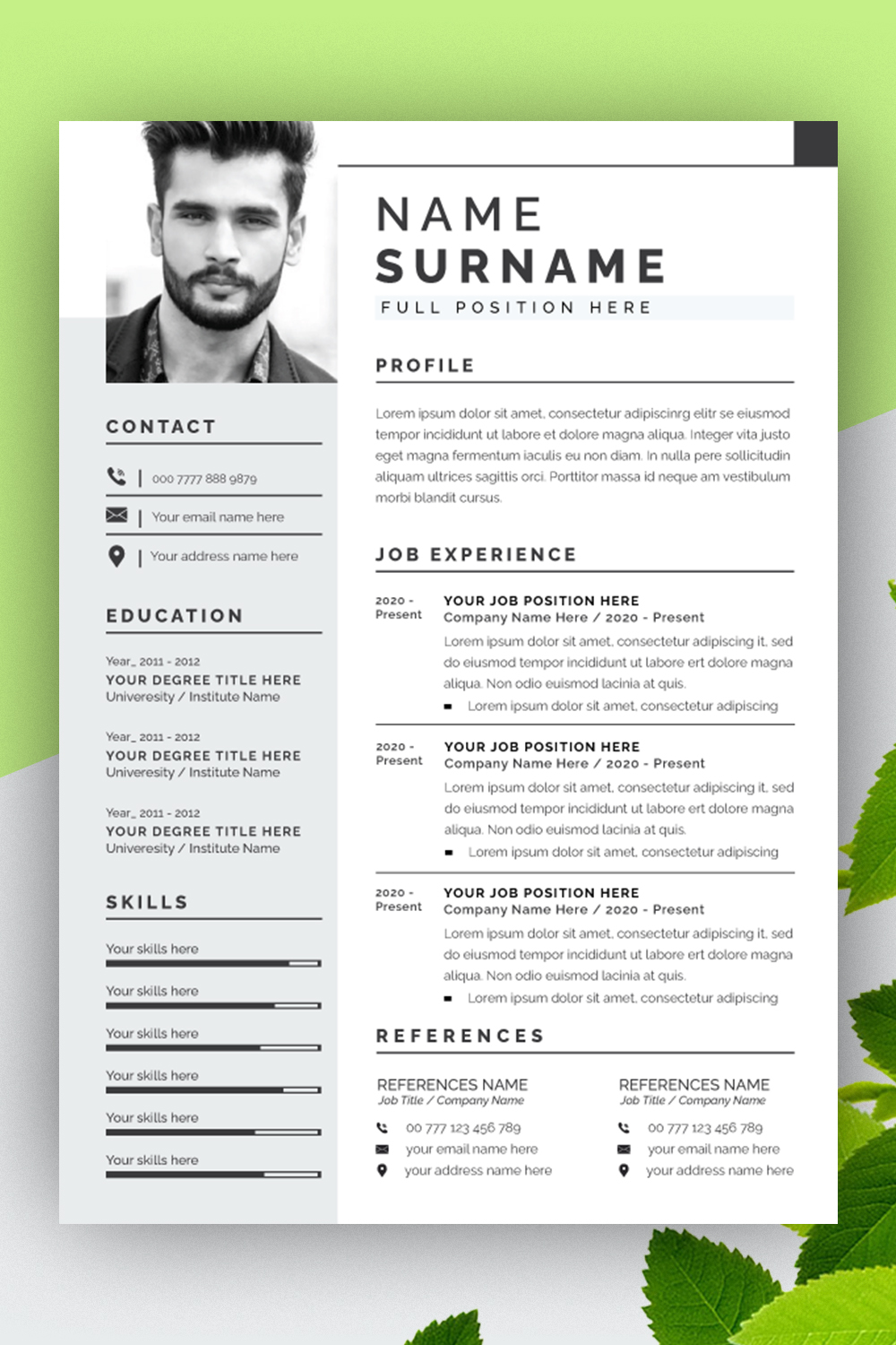 Resume Design Template Black & White pinterest preview image.