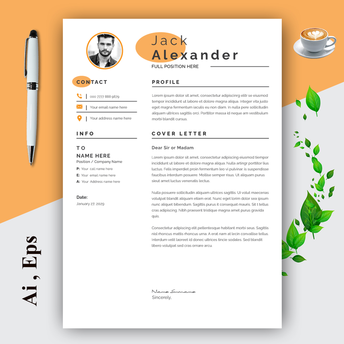Tan Resume and Cover Letter Layout Set preview image.