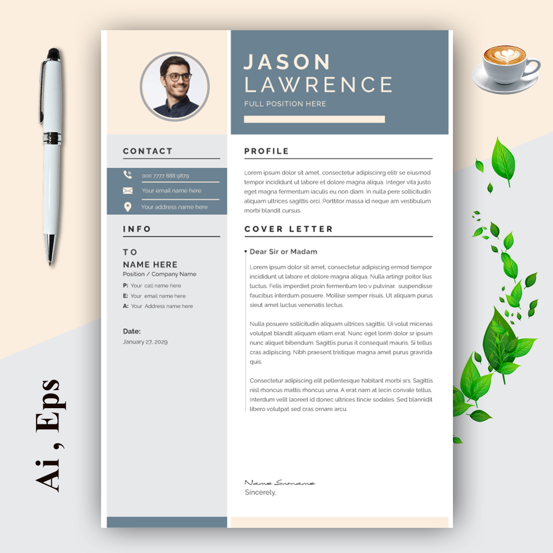 Clean Resume Layout with Cover Letter preview image.
