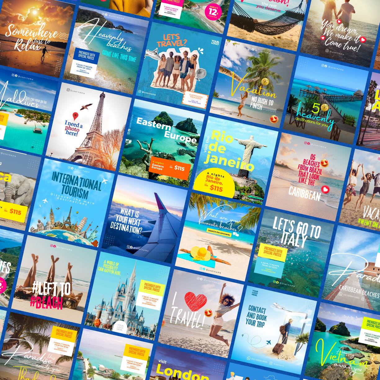 36 Premium Travel Agency Canva Templates For Social Media preview image.