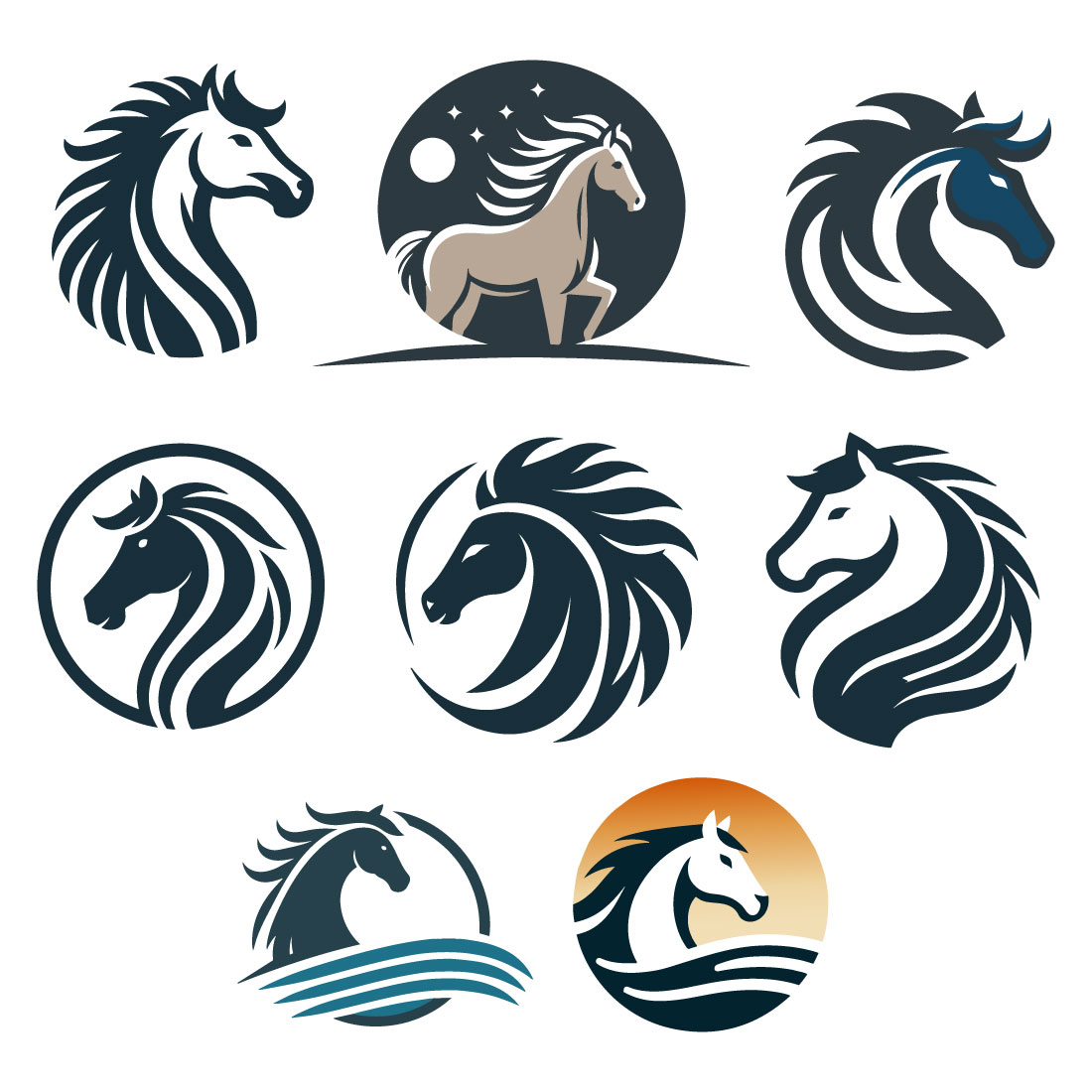 8 Horse Logos Vector Illustration preview image.