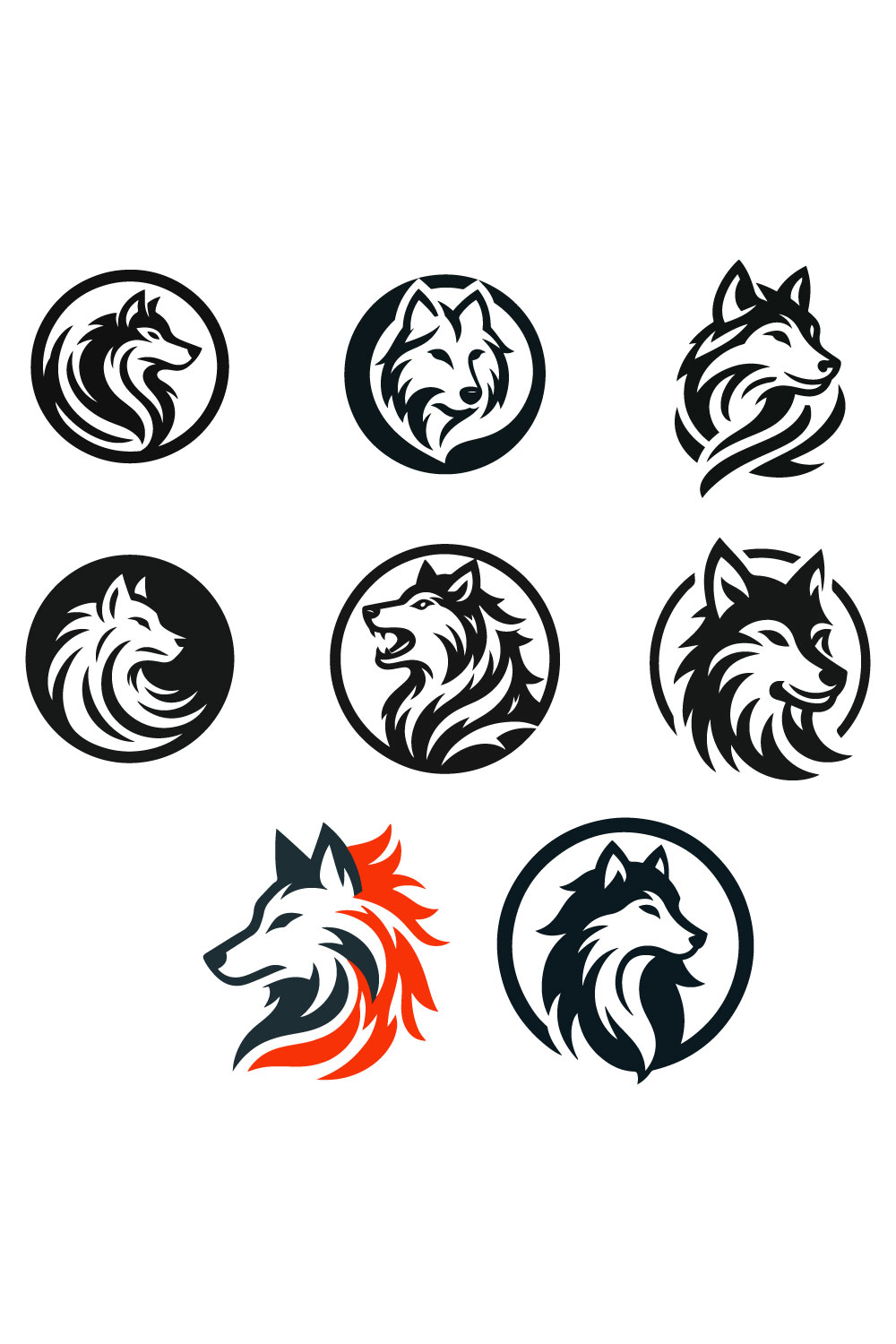 8 Wolf Logos Vector Illustration pinterest preview image.