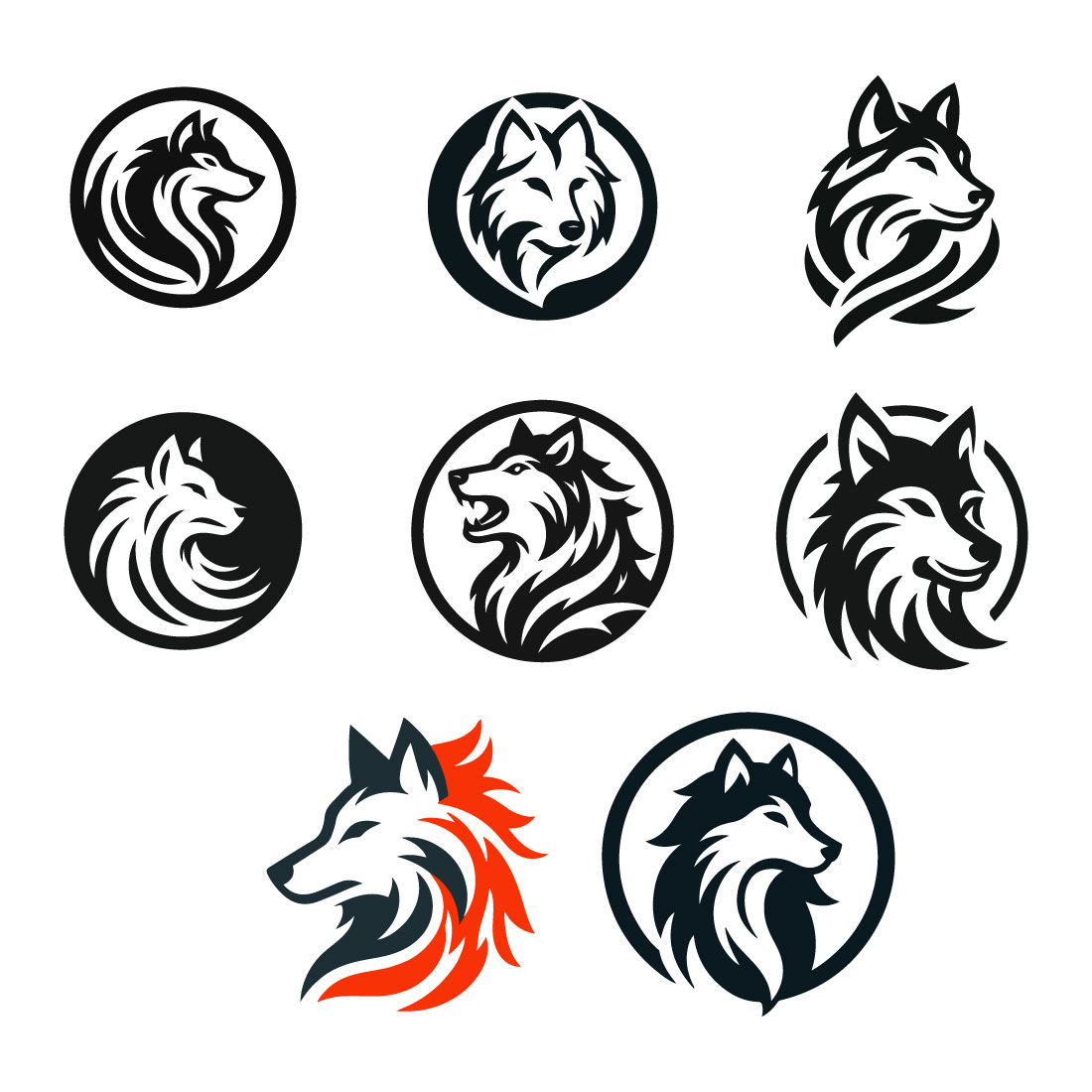 8 Wolf Logos Vector Illustration preview image.