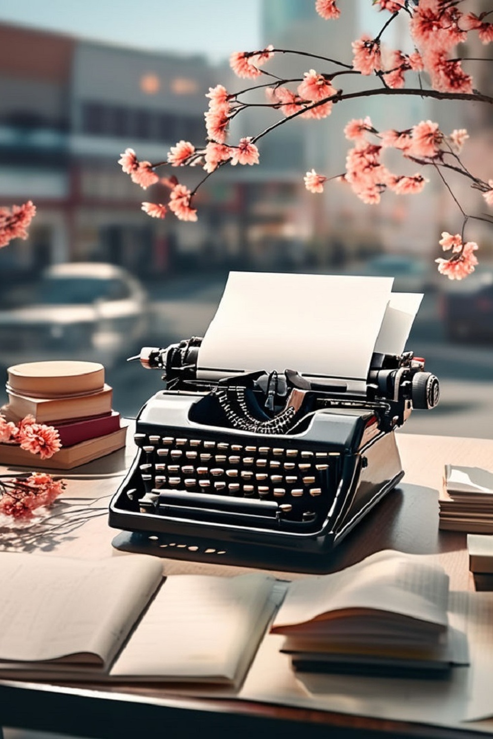 typewriter, different colors and styles, blooming pinterest preview image.