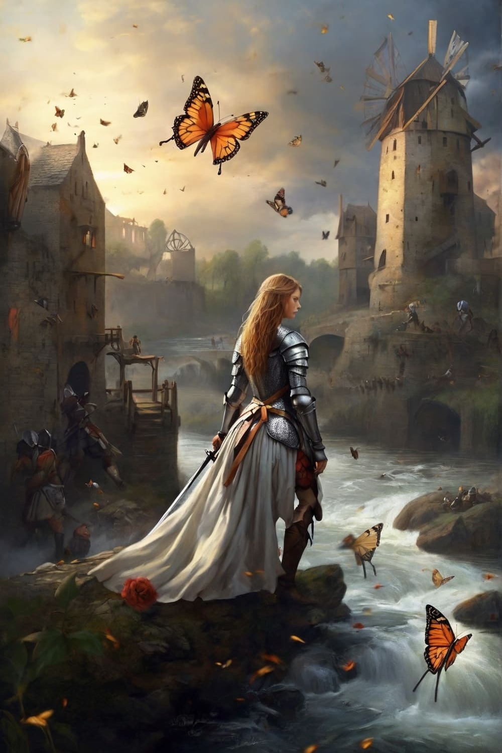 battle of knights, woman, river, mill, butterfly, Templar pinterest preview image.