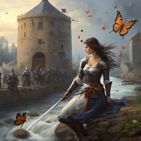 battle of knights, woman, river, mill, butterfly, Templar cover image.