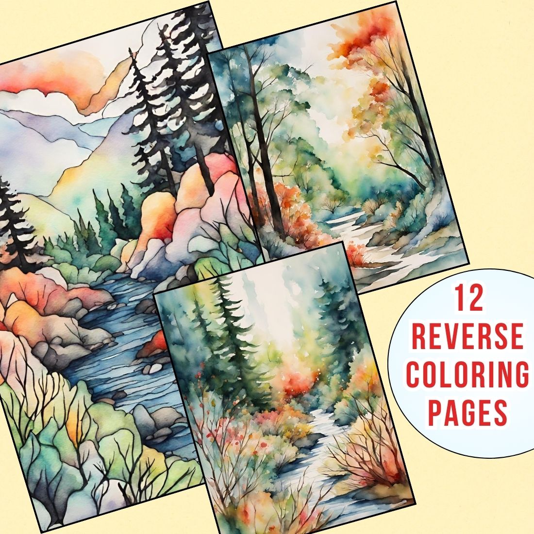 Stunning Nature Scenes Reverse Coloring Pages cover image.