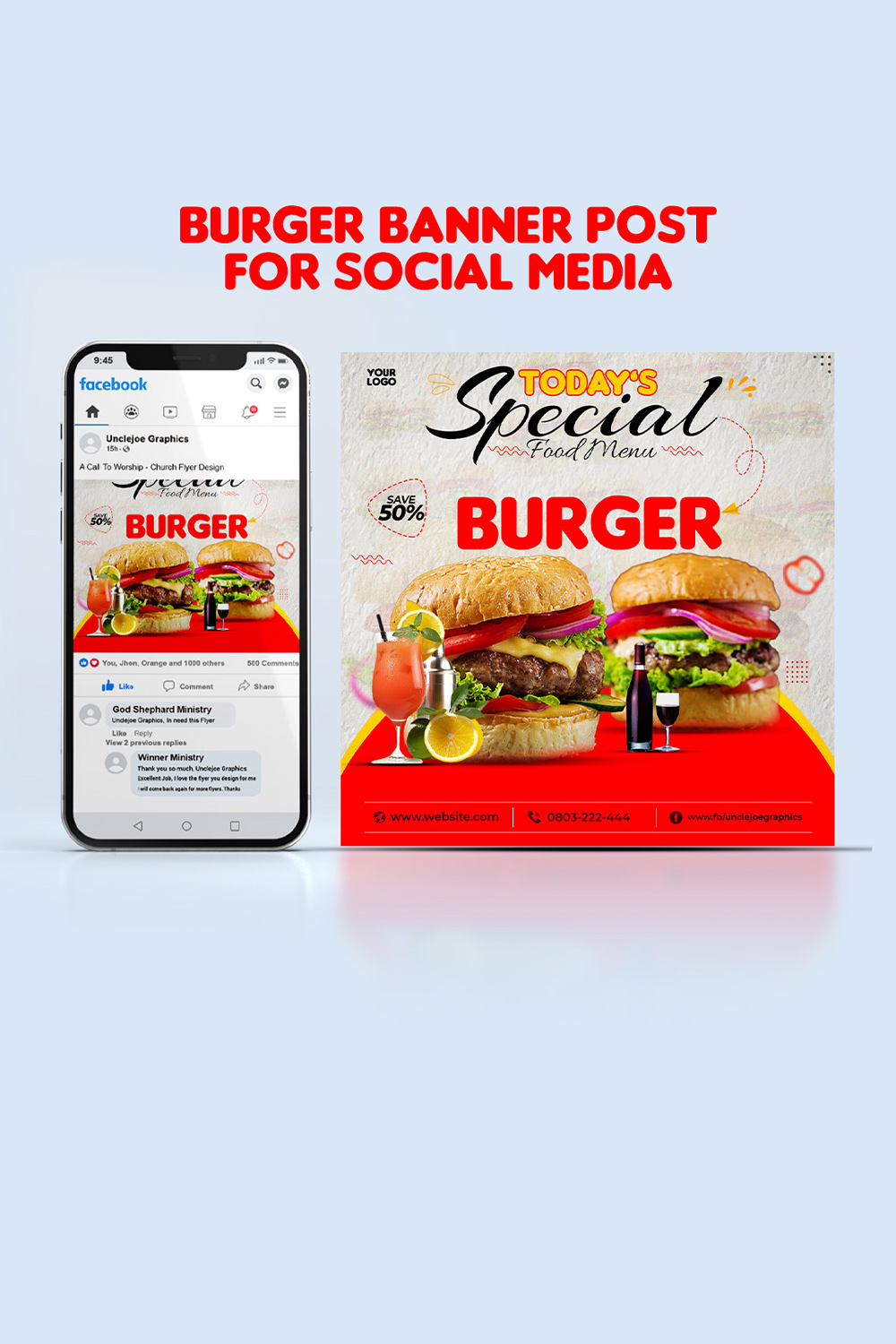 Restaurant Food Flyer Template Design With Burger pinterest preview image.