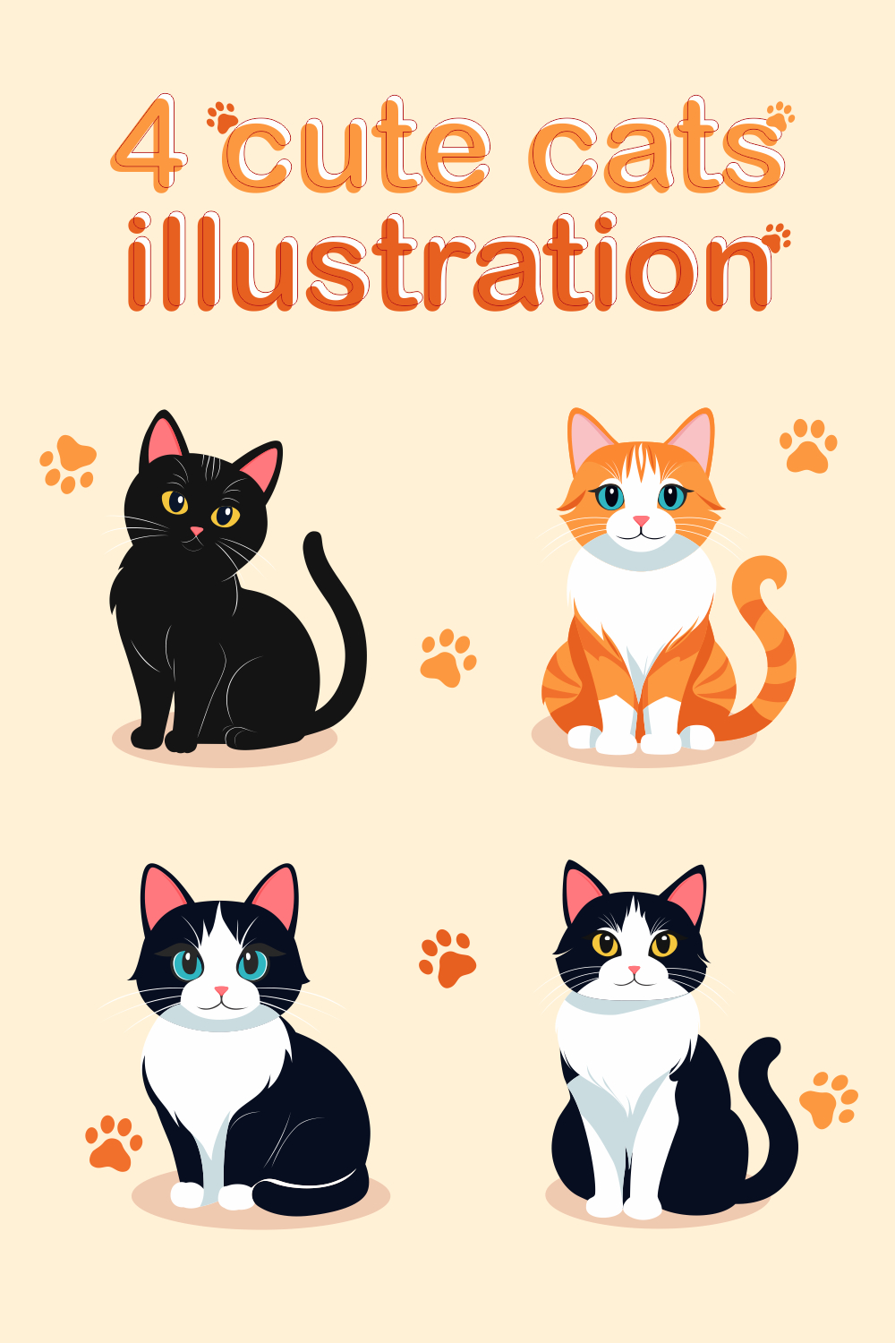 4 Cute Cats Illustration pinterest preview image.