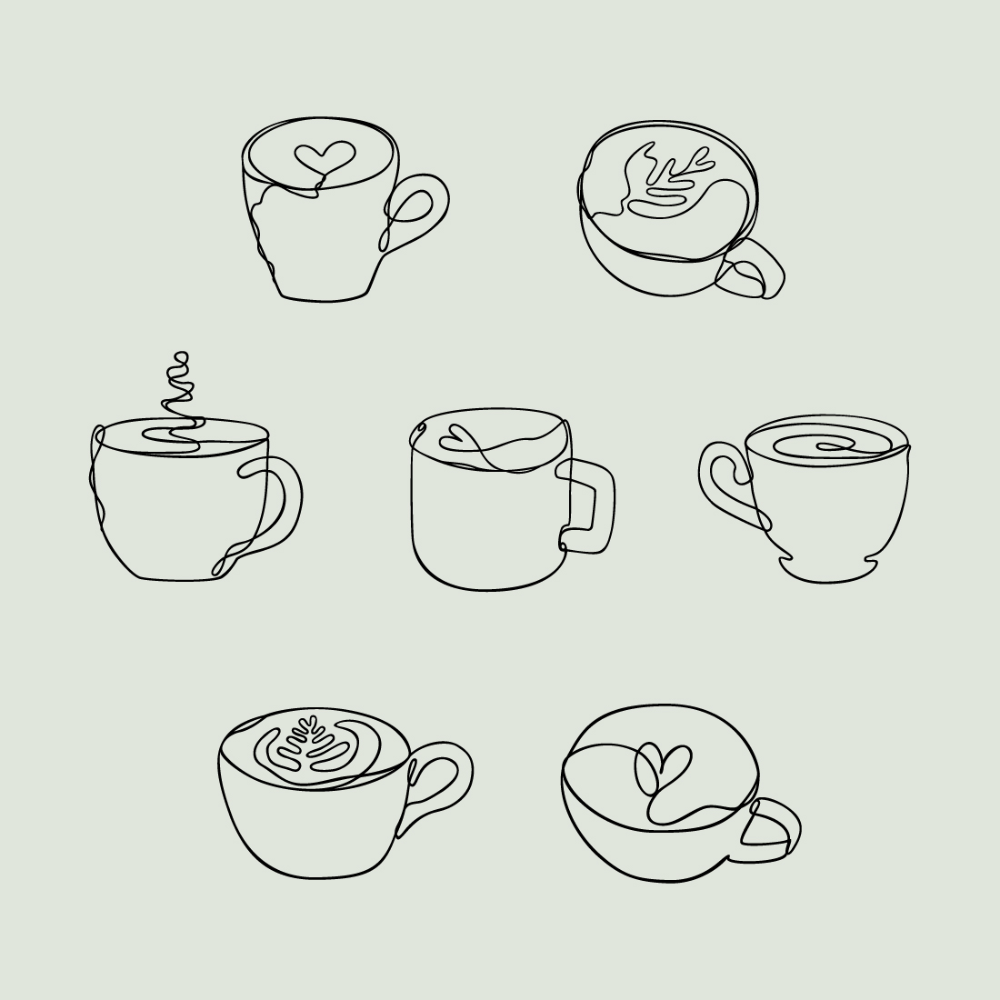 Coffee Cup Line Art Bundle Of 7 | Continuous Line Mug Designs | Tea Cup Illustrations | Heart Latte Art preview image.