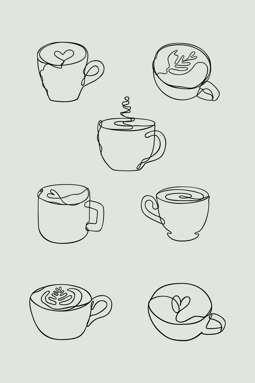 Coffee Cup Line Art Bundle Of 7 | Continuous Line Mug Designs | Tea Cup Illustrations | Heart Latte Art pinterest preview image.