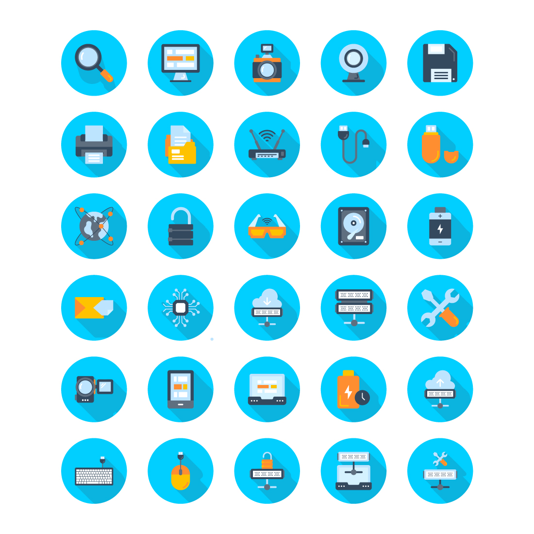 30 Computer Hardware Flat Icons preview image.