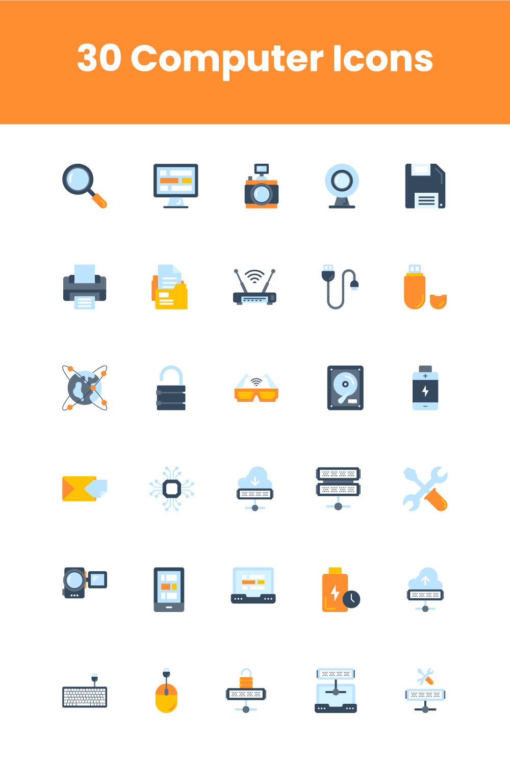 30 Computer Hardware Flat Icons pinterest preview image.