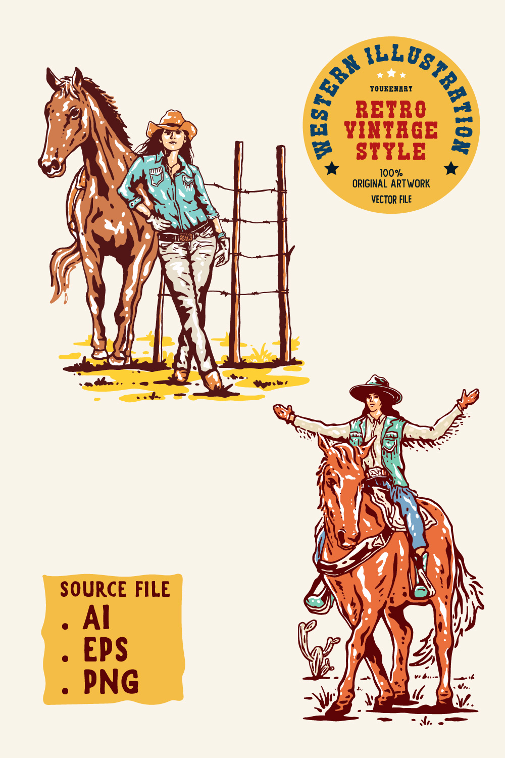 Cowgirls illustration western vintage/retro art pinterest preview image.