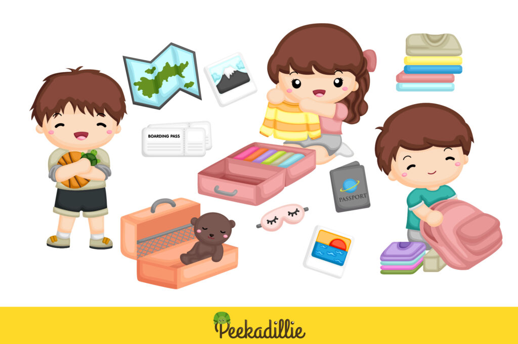 Happy Kids Prepare Packing for Holiday Vacation Trip Journey Cartoon ...