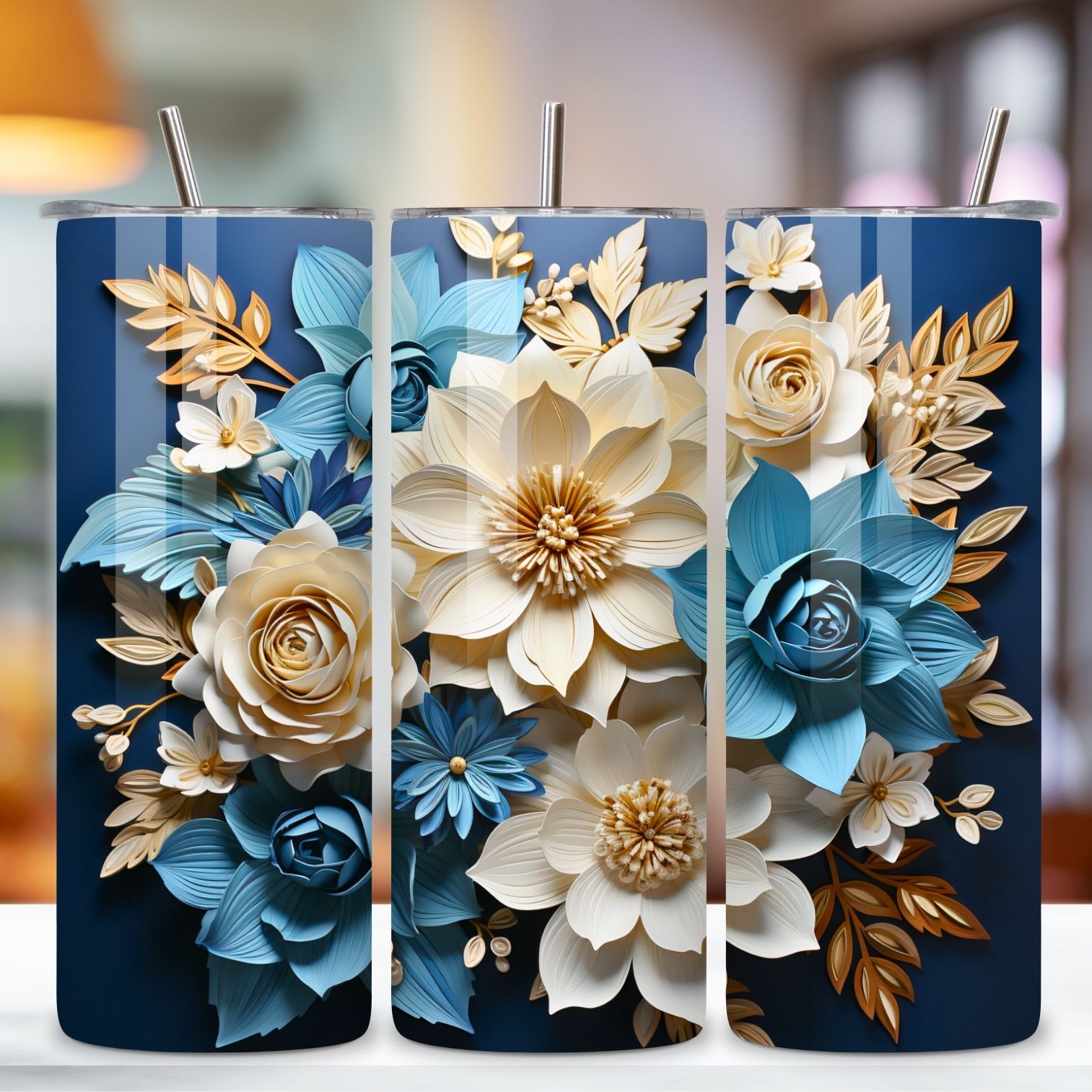 Spring Tumbler Wrap | 20 oz | Spring Print PNG | 3d Flowers, 3D Floral Tumbler Wrap, Sublimation Design, 20 oz Skinny Tumbler, Paper floral tumbler sublimation designs download, colorful preview image.