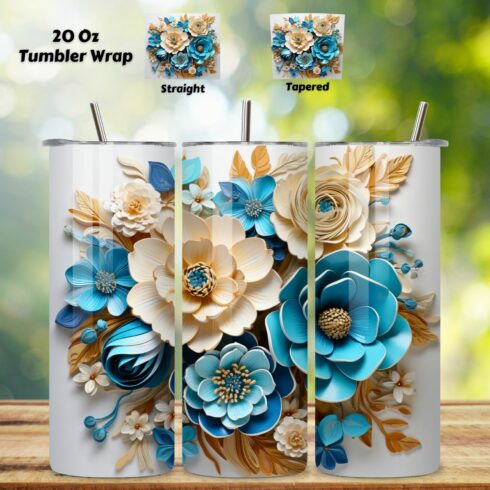 Spring Flowers Tumbler Wrap | 20 oz | Spring Print PNG | 3D, 3D Floral Tumbler Wrap, Sublimation Design, 20 oz Skinny Tumbler, Paper floral tumbler sublimation designs download, colorful cover image.