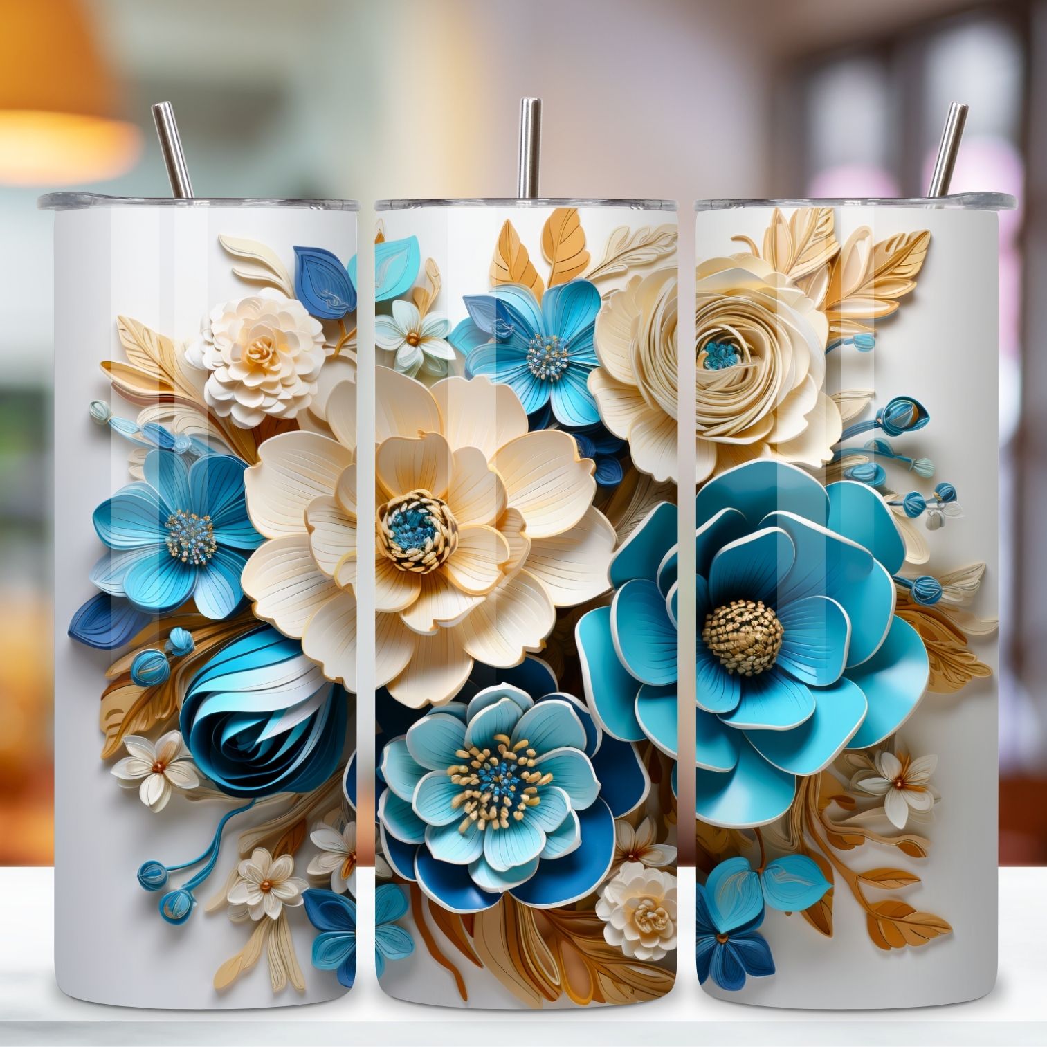 Spring Flowers Tumbler Wrap | 20 oz | Spring Print PNG | 3D, 3D Floral Tumbler Wrap, Sublimation Design, 20 oz Skinny Tumbler, Paper floral tumbler sublimation designs download, colorful preview image.