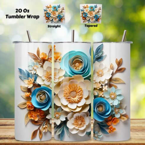 3D Flowers Tumbler Wrap | Turquoise | Spring Print PNG, 3D Floral Tumbler Wrap, Sublimation Design, 20 oz Skinny Tumbler, Paper floral tumbler sublimation designs download, colorful cover image.