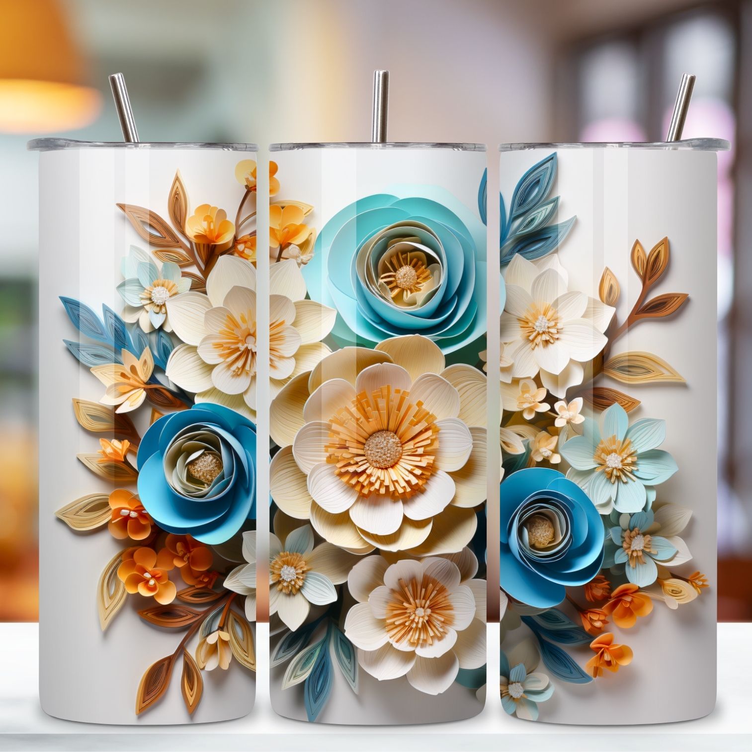 3D Flowers Tumbler Wrap | Turquoise | Spring Print PNG, 3D Floral Tumbler Wrap, Sublimation Design, 20 oz Skinny Tumbler, Paper floral tumbler sublimation designs download, colorful preview image.