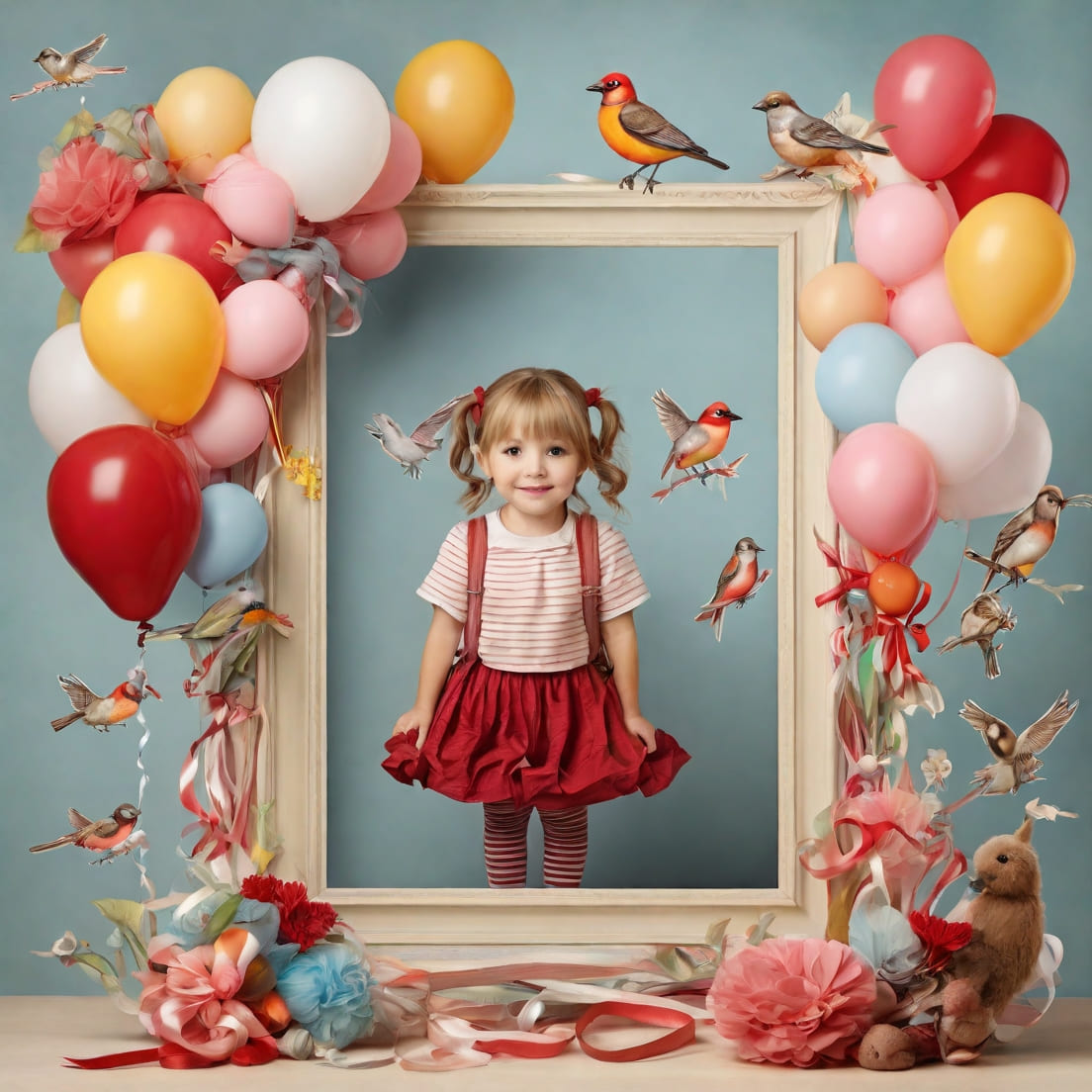 postcard, balloons, ribbons, birds, hearts, woman, man, kids cover image.