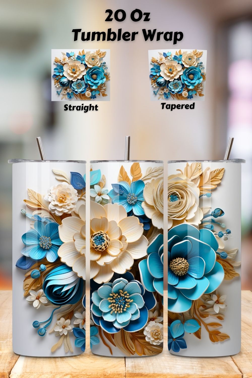 Spring Flowers Tumbler Wrap | 20 oz | Spring Print PNG | 3D, 3D Floral Tumbler Wrap, Sublimation Design, 20 oz Skinny Tumbler, Paper floral tumbler sublimation designs download, colorful pinterest preview image.